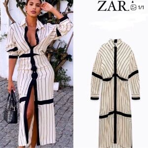 ZARA Cream and Black Striped Maxi Shirt Dress